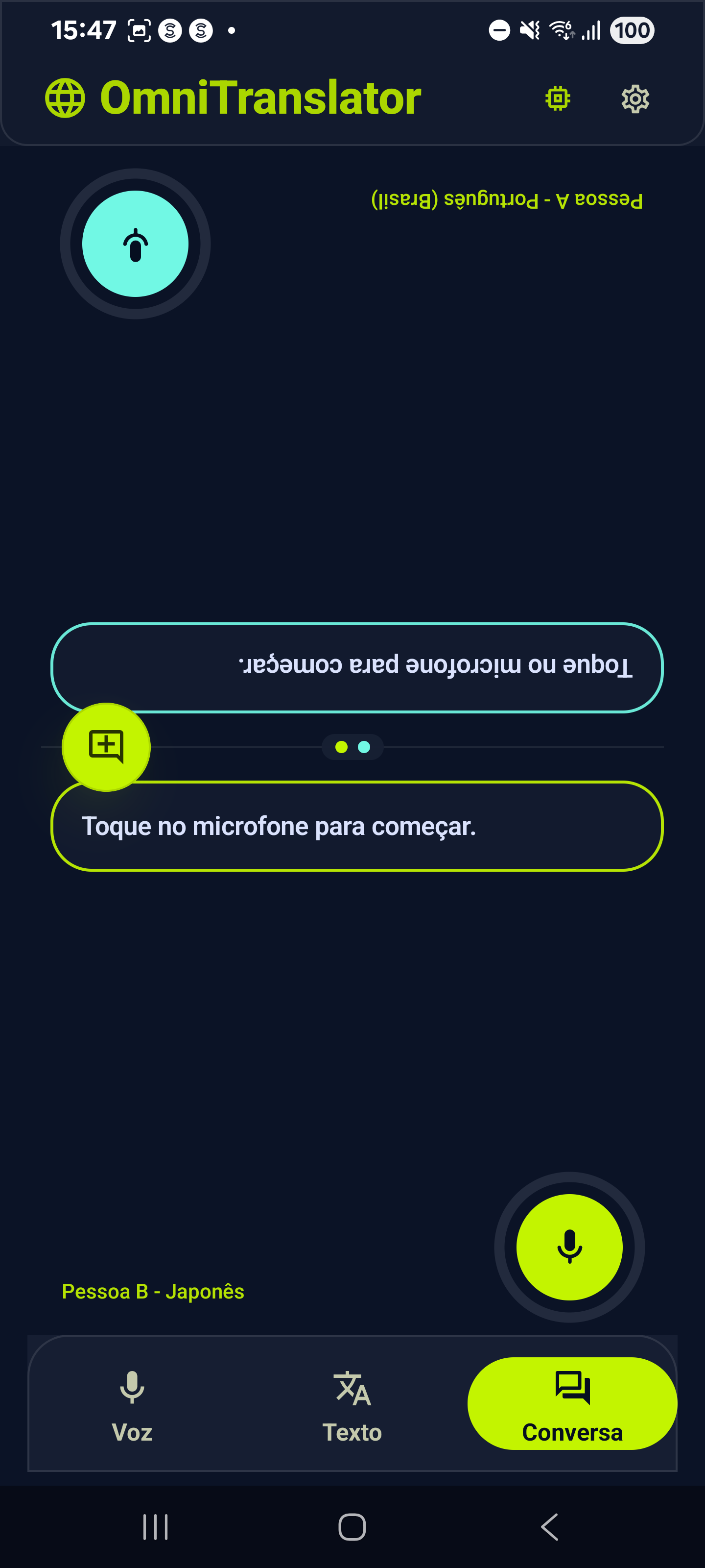 Screenshot do OmniTranslator no modo Conversa