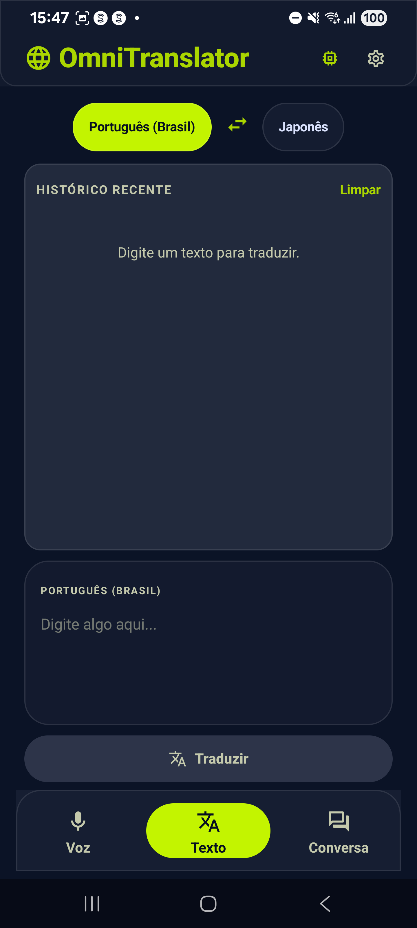 Screenshot do OmniTranslator no modo Texto